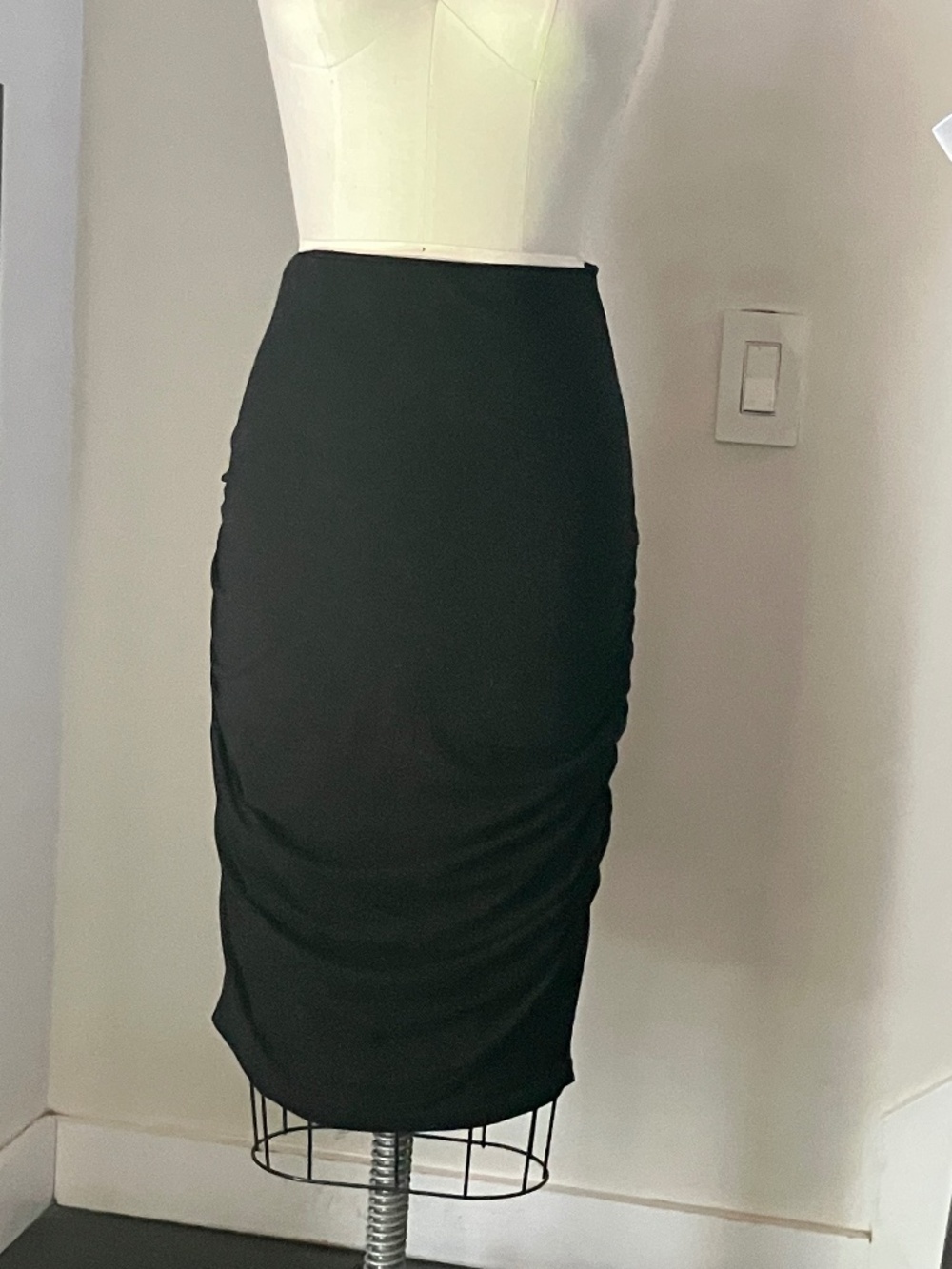 Ruched Black Cotton/Lycra Skirt with Elastic Waist